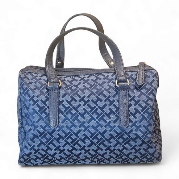 Tommy Hilfiger Navy Blue Monogram Fabric Faux Leather Trim Bag Nautical purse - Picture 2 of 7